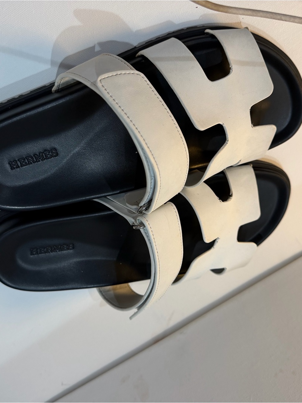 Hermes White and Black Oran Slide Sandals - Women